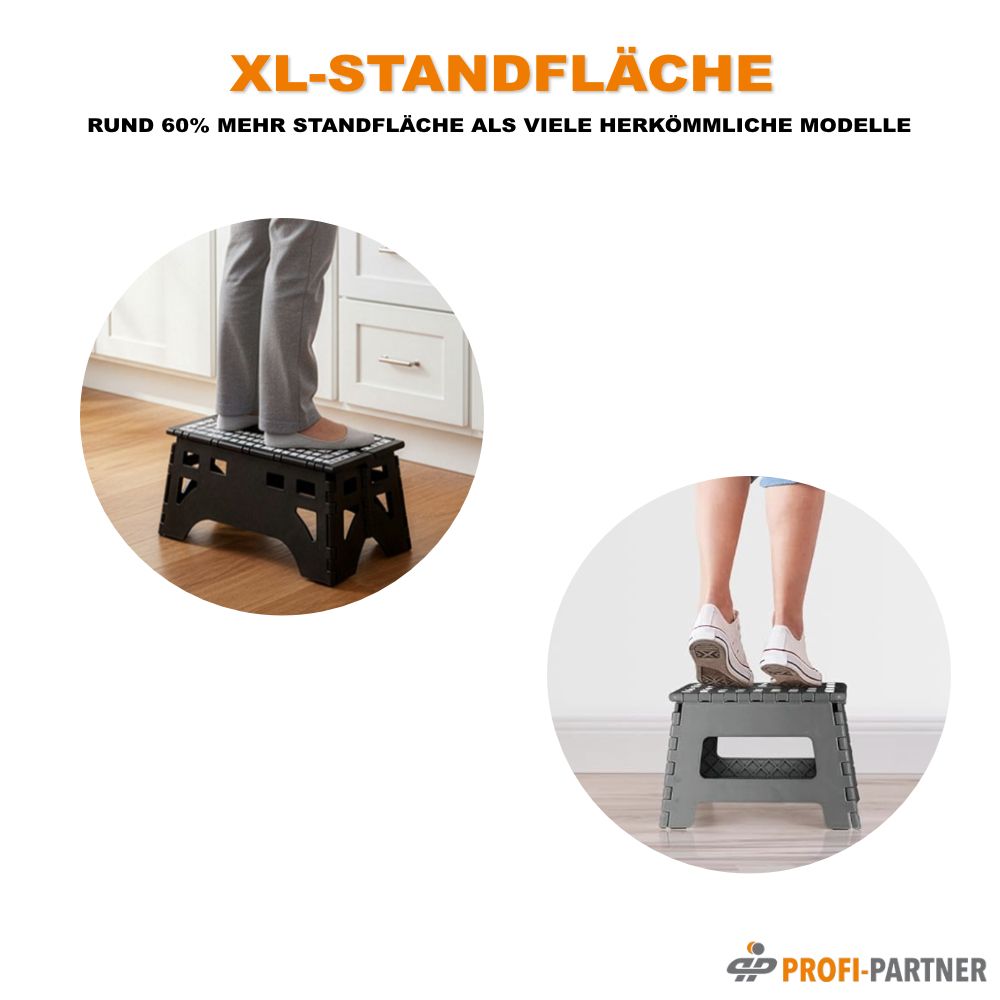 Schwarzer, faltbarer Tritthocker XL mit großer Standfläche.