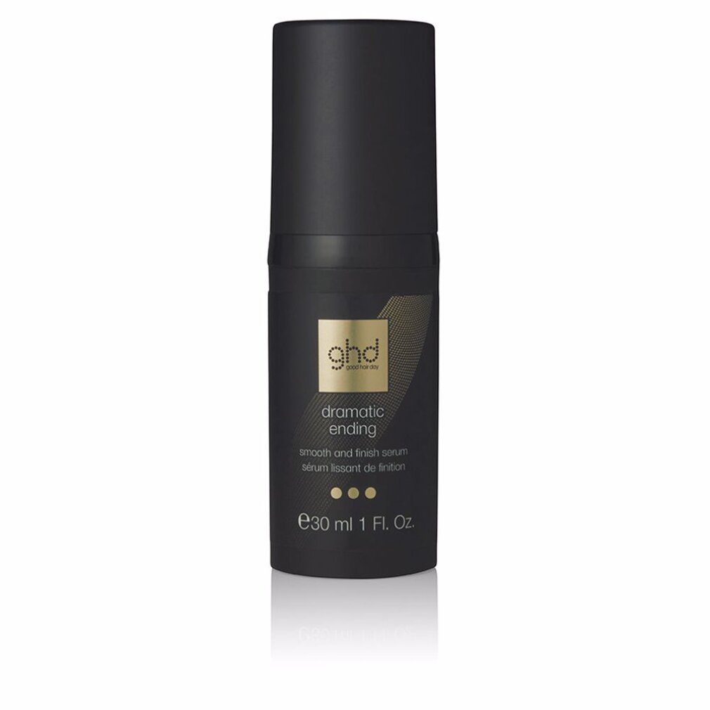 Schwarze Flasche mit goldfarbenen Akzenten. Aufschrift: ghd dramatic ending smooth & finish serum. Mit Dosierpumpe und Deckel. 30 ml.