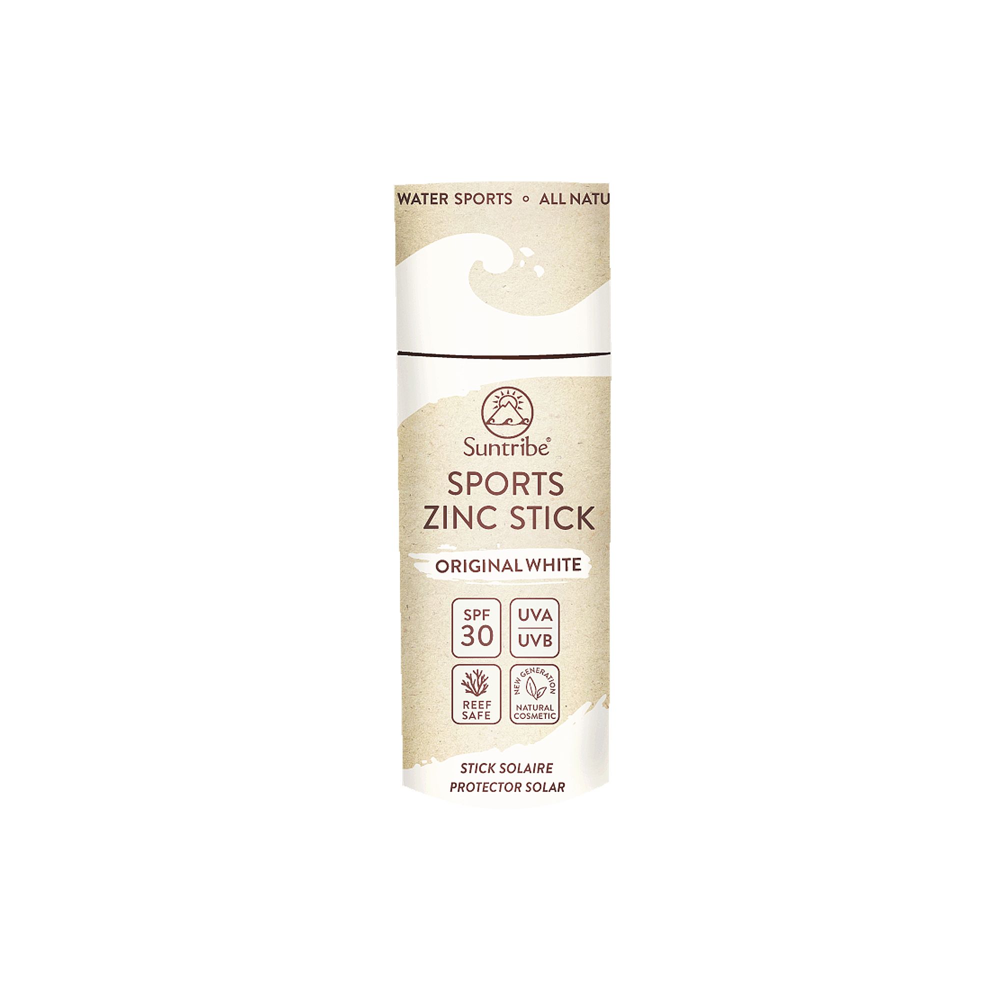 Zink-Sonnenstift. Weißes zylindrisches Behältnis mit Produktinformationen und SPF 30. Aufschrift: Suntribe Sports Zinc Stick.