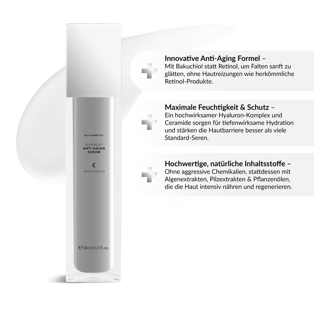 Anti-Aging Serum in rechteckiger Flasche. Grauer Zylinder mit weißem Deckel. Text: KU2 Superlift Anti-Aging Serum Nacht. Textblöcke mit Inhaltsstoffen.