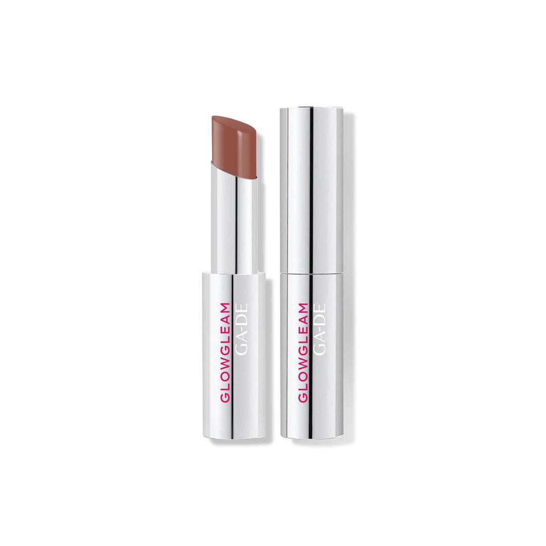 Lippenstift, silberfarbenes Gehäuse, offene und geschlossene Variante. Aufschrift: GLOWGLEAM, GA-DE.
