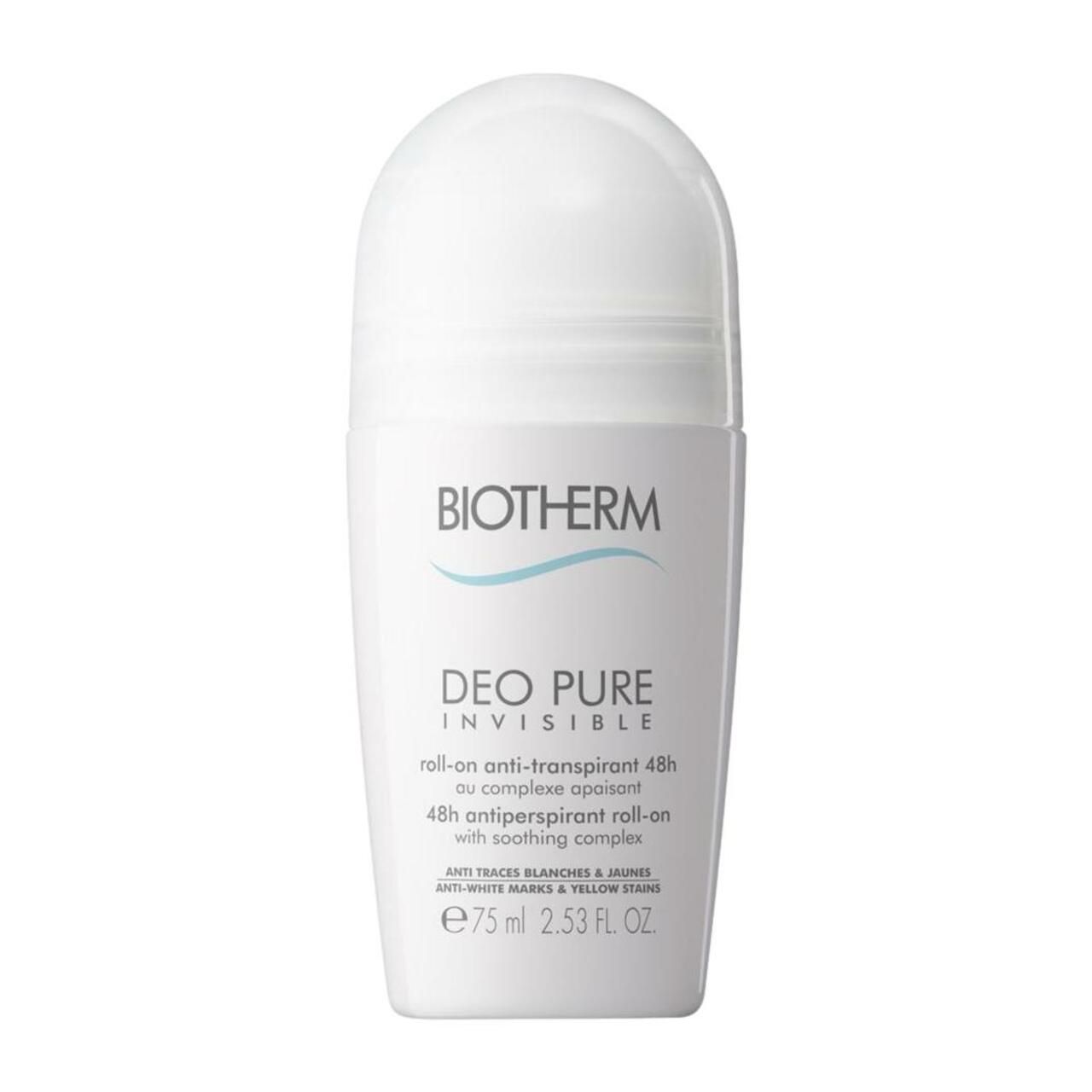 BIOTHERM Deo Pure Invisible Roll-On. Weißer Roll-On-Deo-Behälter. Text: 48H, Anti-Flecken, Anti-Gelb.