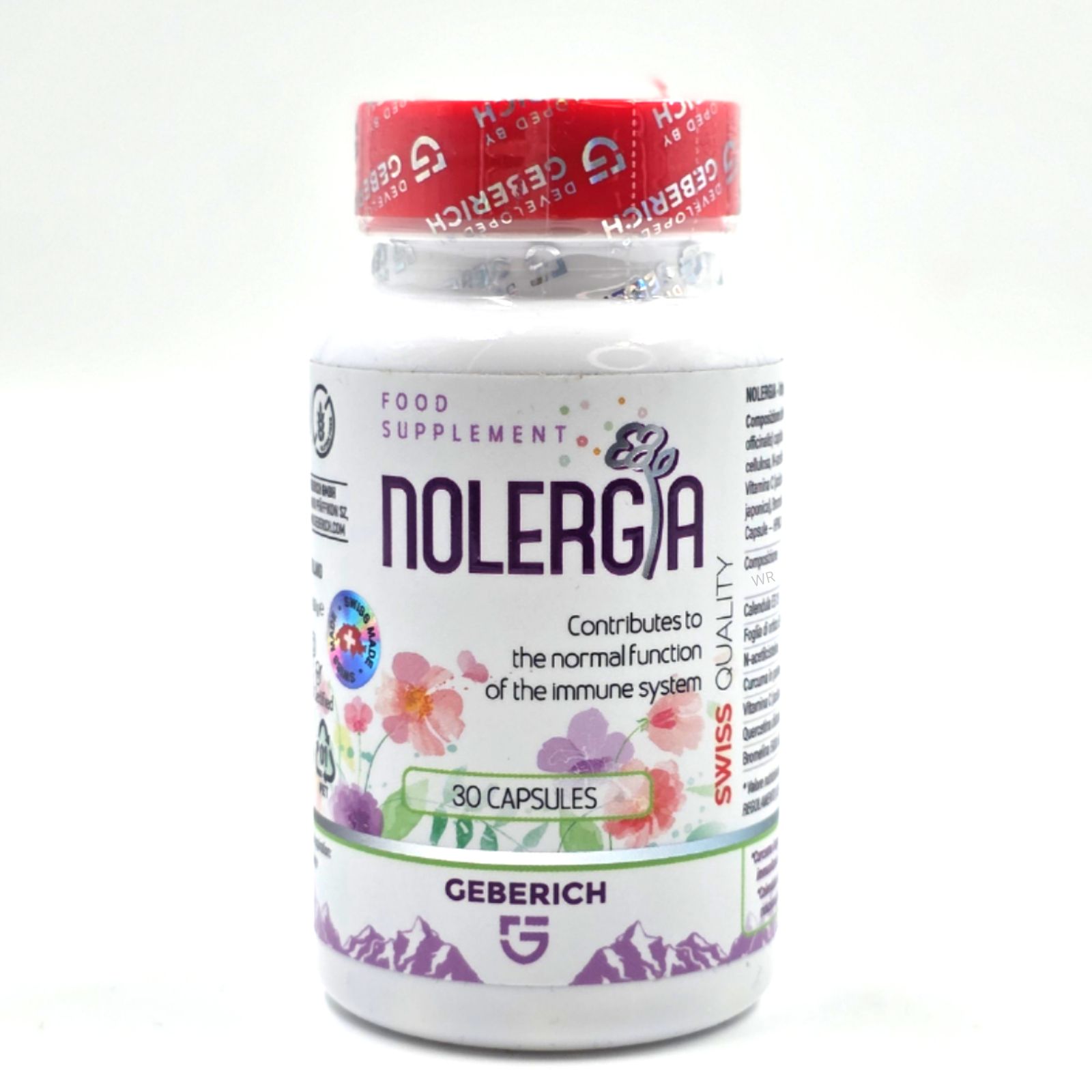 Nahrungsergänzungsmittel Nolergia in weißer Flasche mit rotem Deckel. 30 Kapseln. Text: Geberich, Swiss Quality.