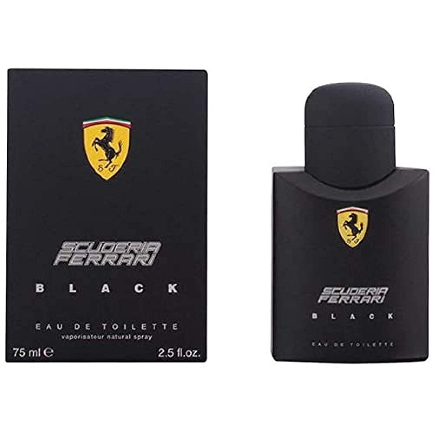 Schwarzer Flakon und Verpackung. Scuderia Ferrari Black Eau de Toilette. Gelbes Logo. 75 ml.