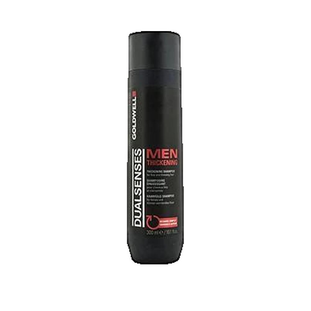 Schwarze Shampoo-Flasche mit roter und weißer Schrift. Goldwell, Men, DUALSENSES.