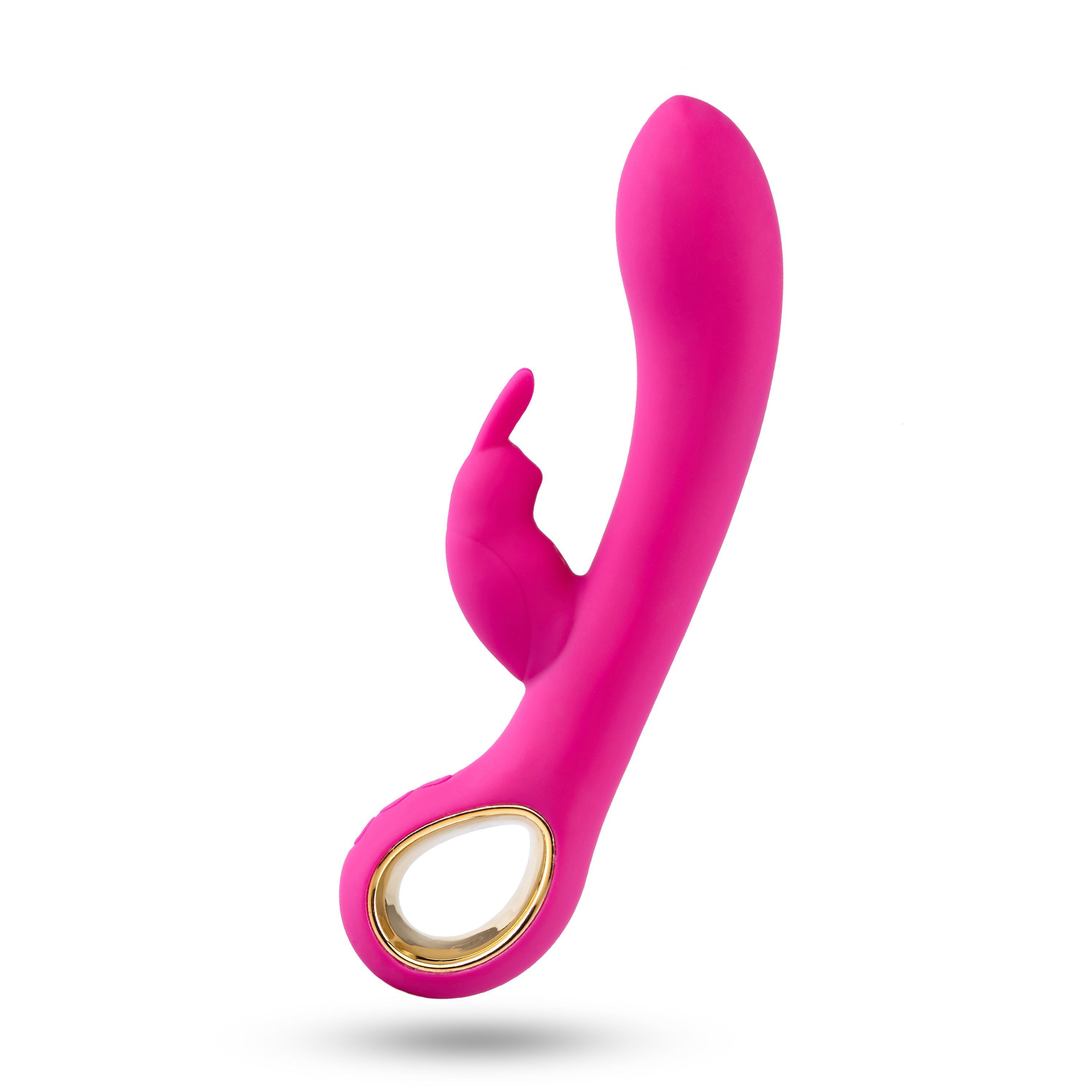 Pinkfarbener Vibrator mit Hasenohren-Design. Goldfarbene Akzente. Auf weißem Hintergrund.