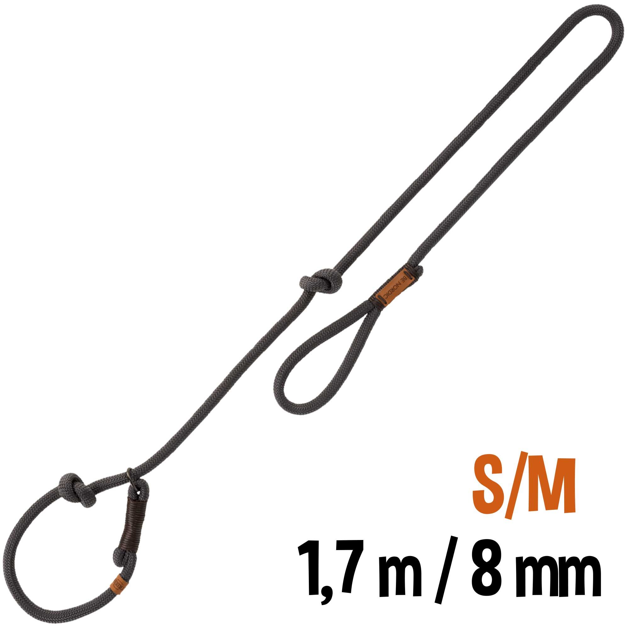Graue Retrieverleine mit Schlaufen und Knoten. Aufschrift S/M, 1,7 m / 8 mm.