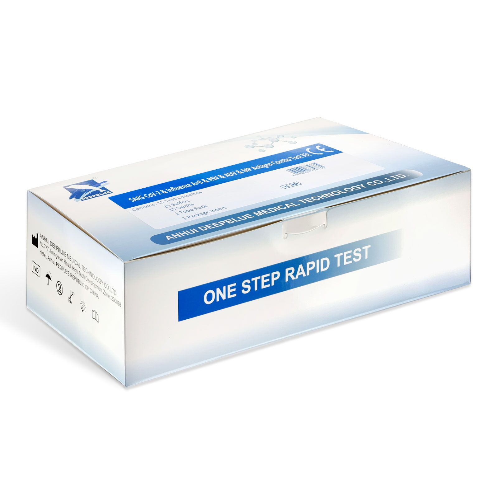 Kartonverpackung des Deepblue 6in1 Schnelltests. Blaue und weiße Farbgebung. Aufschrift: ONE STEP RAPID TEST. CE-Kennzeichnung.