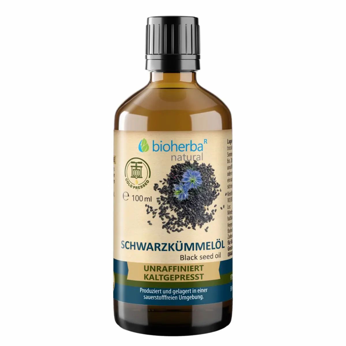 Braune Glasflasche mit schwarzem Deckel. Etikett mit Produktnamen und Abbildung von Schwarzkümmelsamen. "Bioherba" Logo.