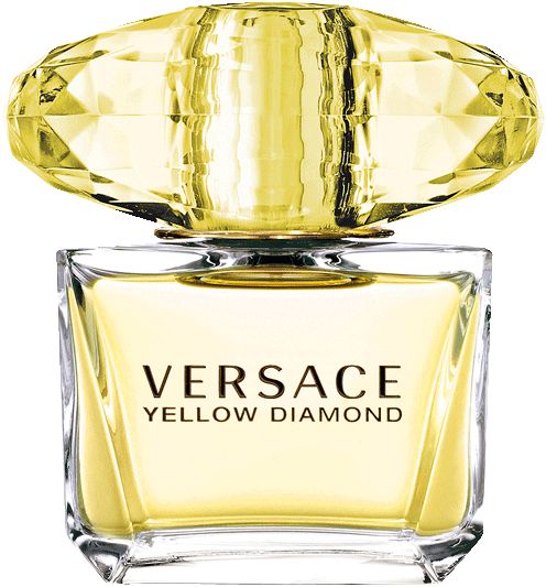 Versace Yellow Diamond Flasche. Gelbes Glas, quadratische Form, Diamant-Deckel. Schriftzug auf der Vorderseite.