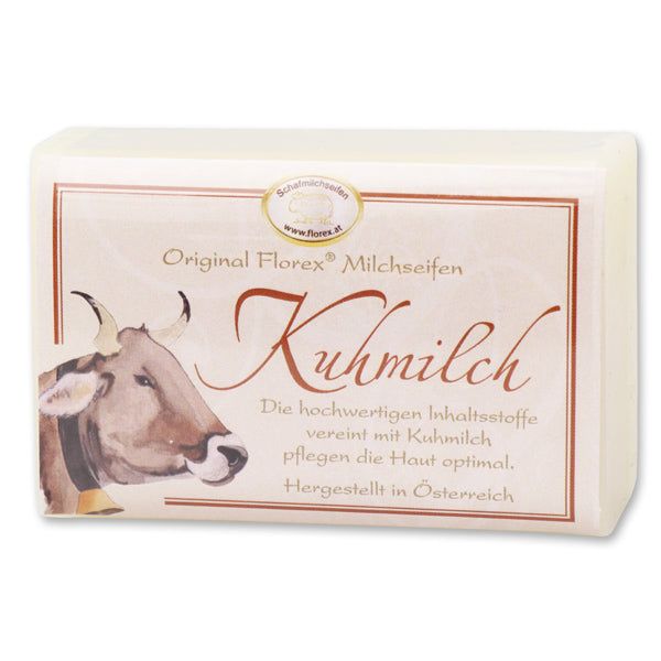 Rechteckige Seife mit Kuh-Illustration und Schriftzug 'Kuhmilch'. Braune Umrandung.