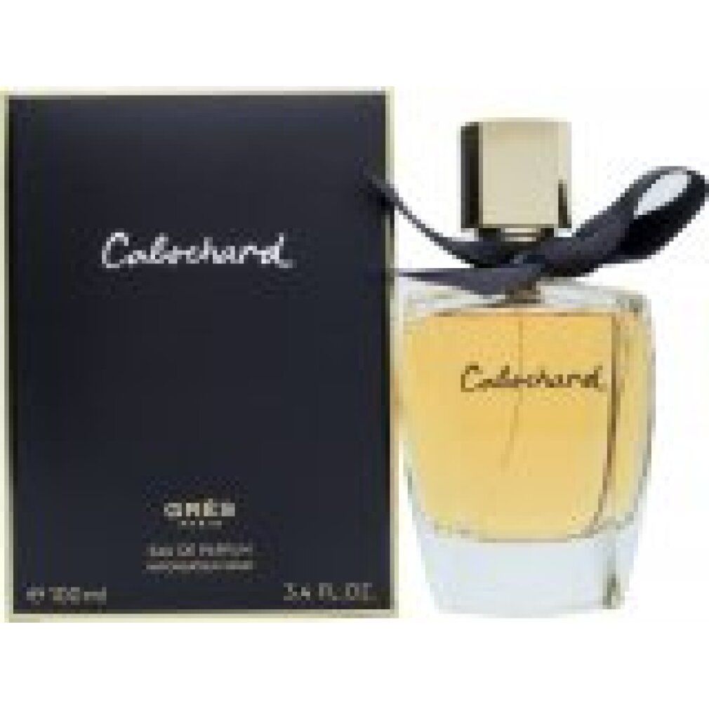 Gres Cabochard Eau de Parfum Zerstäuber mit schwarzer Schleife, goldener Kappe und schwarzer Verpackung.