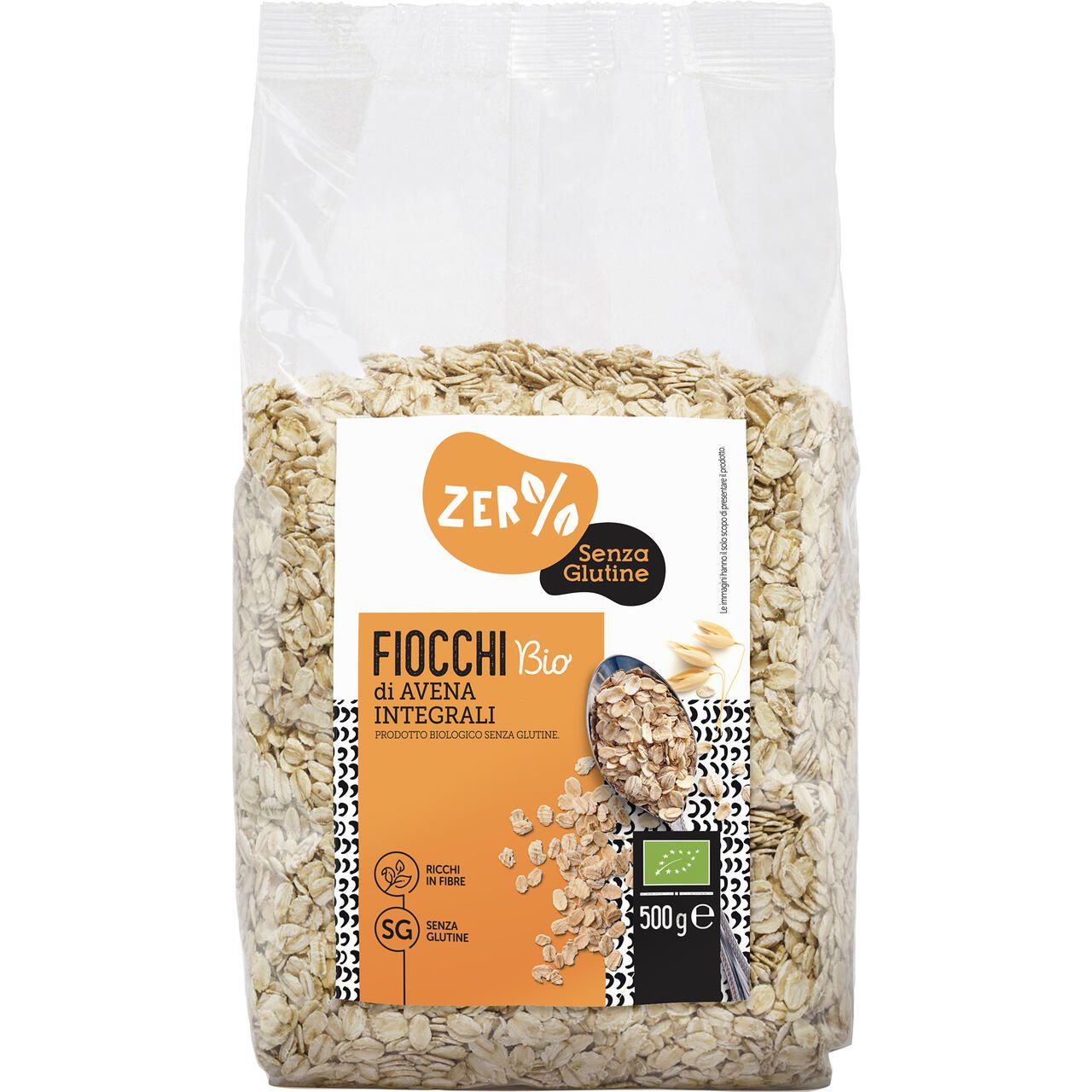 Confezione trasparente di fiocchi d'avena. Etichetta con testo: "ZER0%", "Senza Glutine", "Fiocchi Bio". Certificazione bio e 500g.
