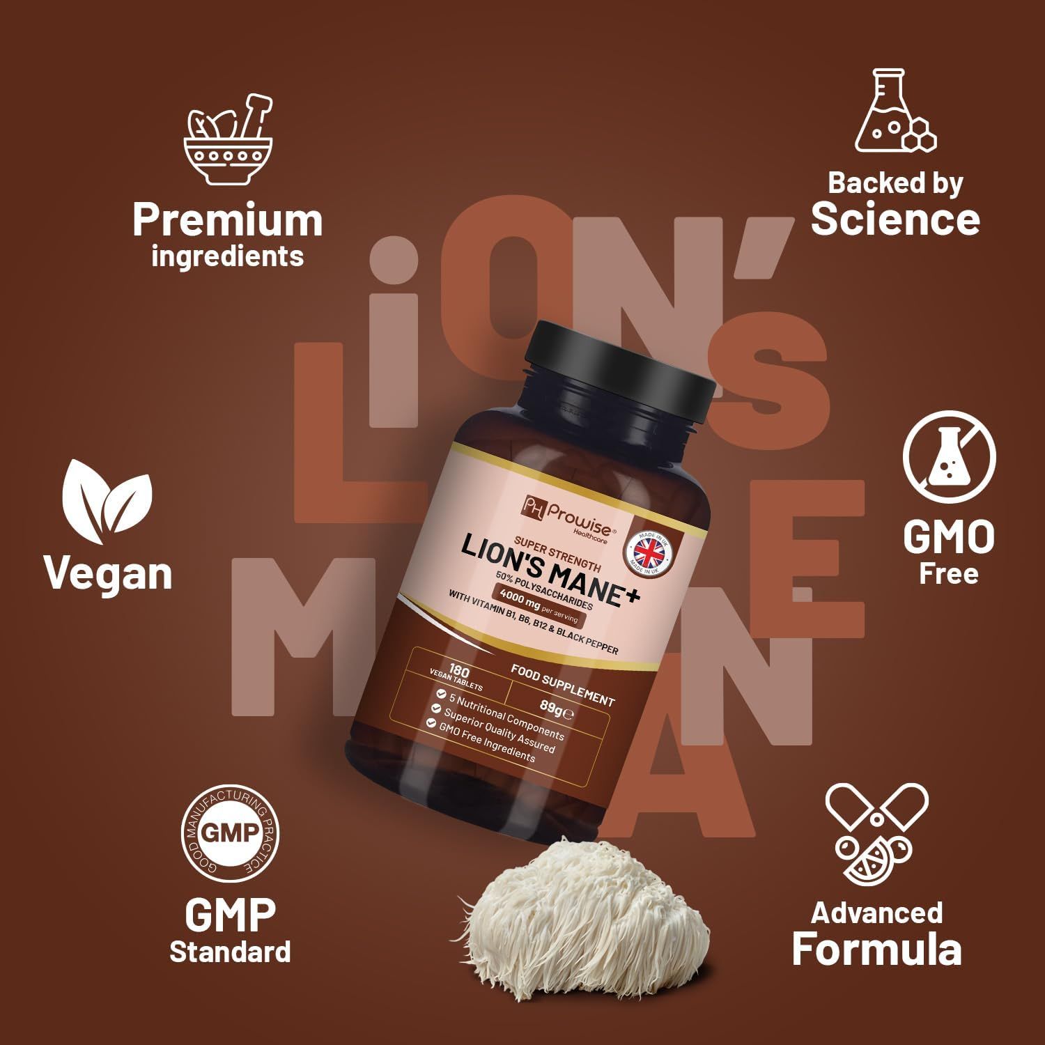 Braune Flasche mit schwarzem Deckel. Text: Prowise Lion's Mane+, 50% Polysaccharide, GMO Free, Vegan.