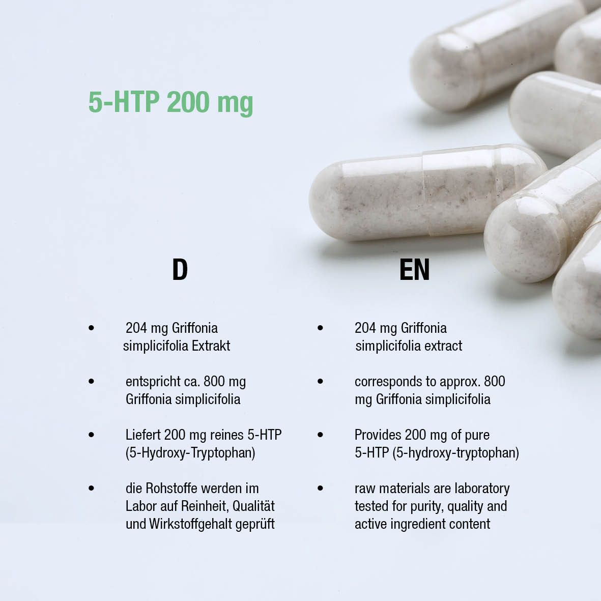 Kapseln mit 5-HTP 200 mg. Text: 204 mg Griffonia simplicifolia Extrakt, entspricht ca. 800 mg Griffonia simplicifolia.