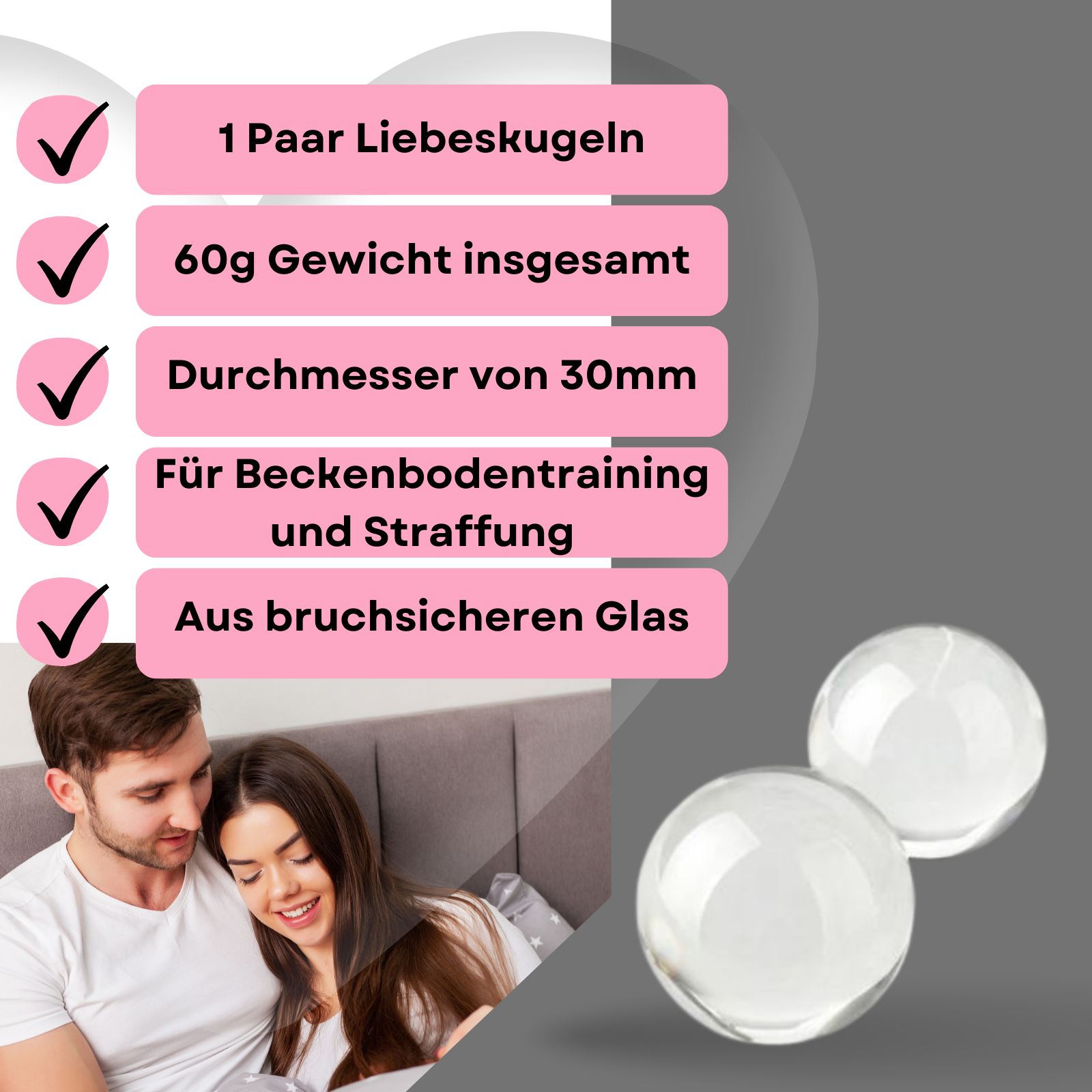 Zwei durchsichtige Glaskugeln, Durchmesser 30mm, Gesamtgewicht 60g.