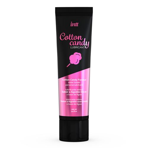 Schwarze Tube mit rosa Akzenten. Aufschrift: "Cotton candy Lubricant". Marke: INTT. Enthält Text in mehreren Sprachen.