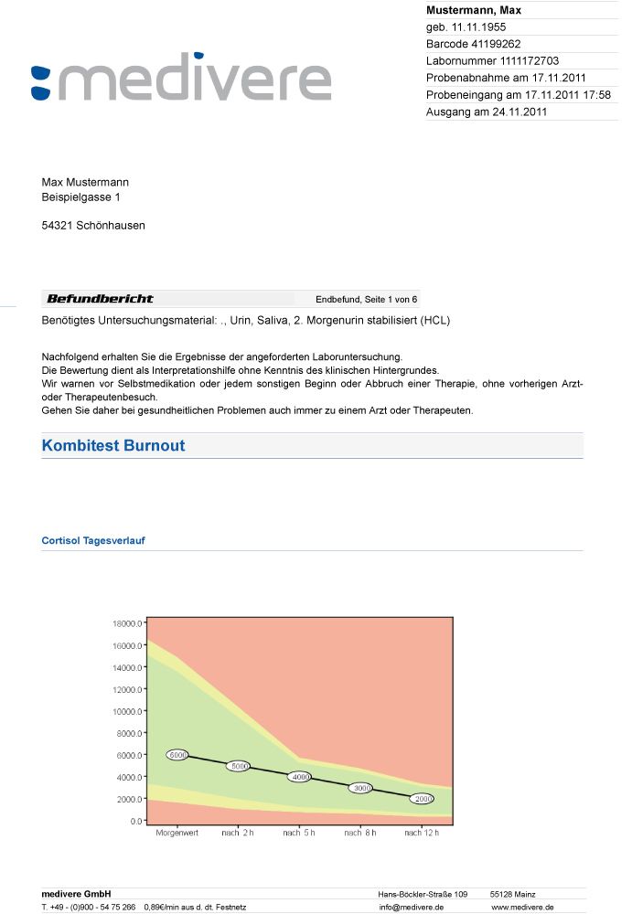 Befundbericht mit Diagramm. KombiTest Burnout. Logo "medivere". Informationen zu Laborergebnissen.