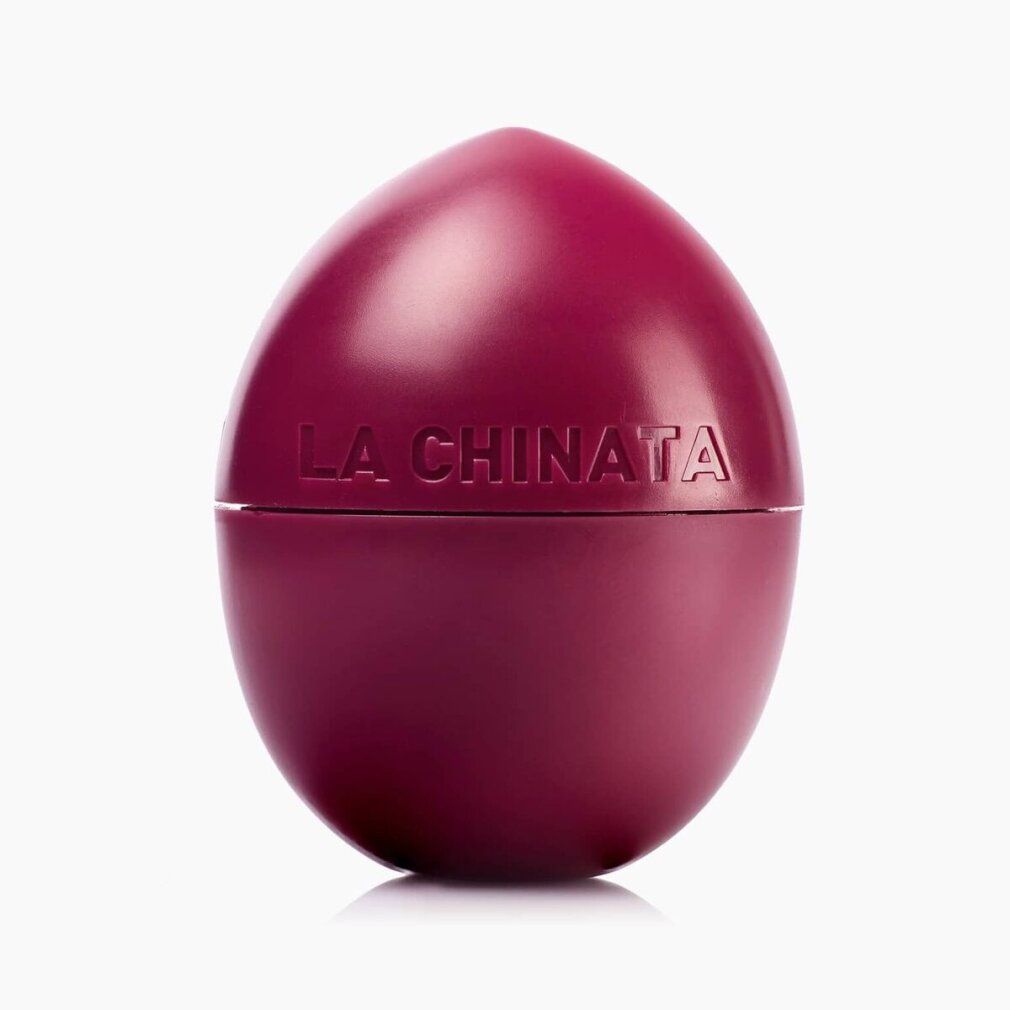 Runder, kirschfarbener Lippenbalsam-Behälter. Aufschrift: LA CHINATA. Deckel und Unterteil. Glatte Oberfläche.