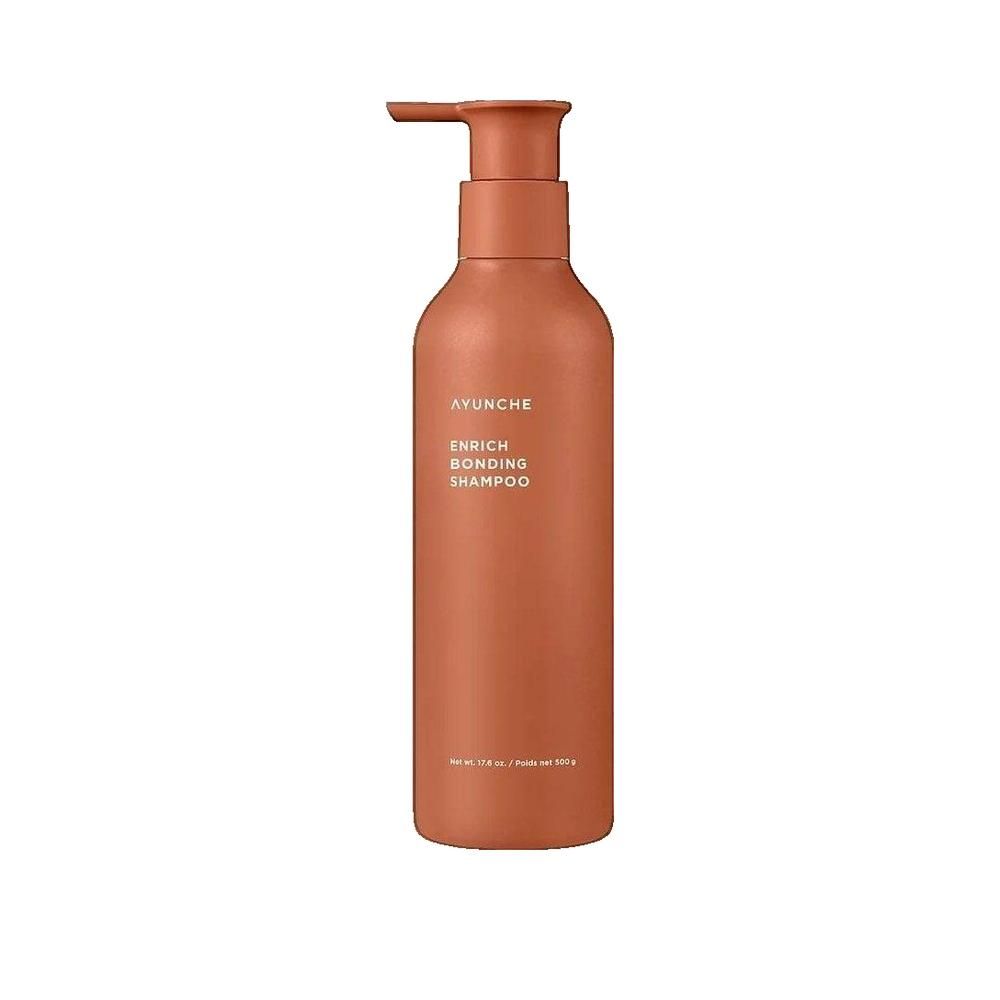 Braune Shampoo-Flasche mit Pumpverschluss. Text: AYUNCHE ENRICH BONDING SHAMPOO. Flaschengröße.