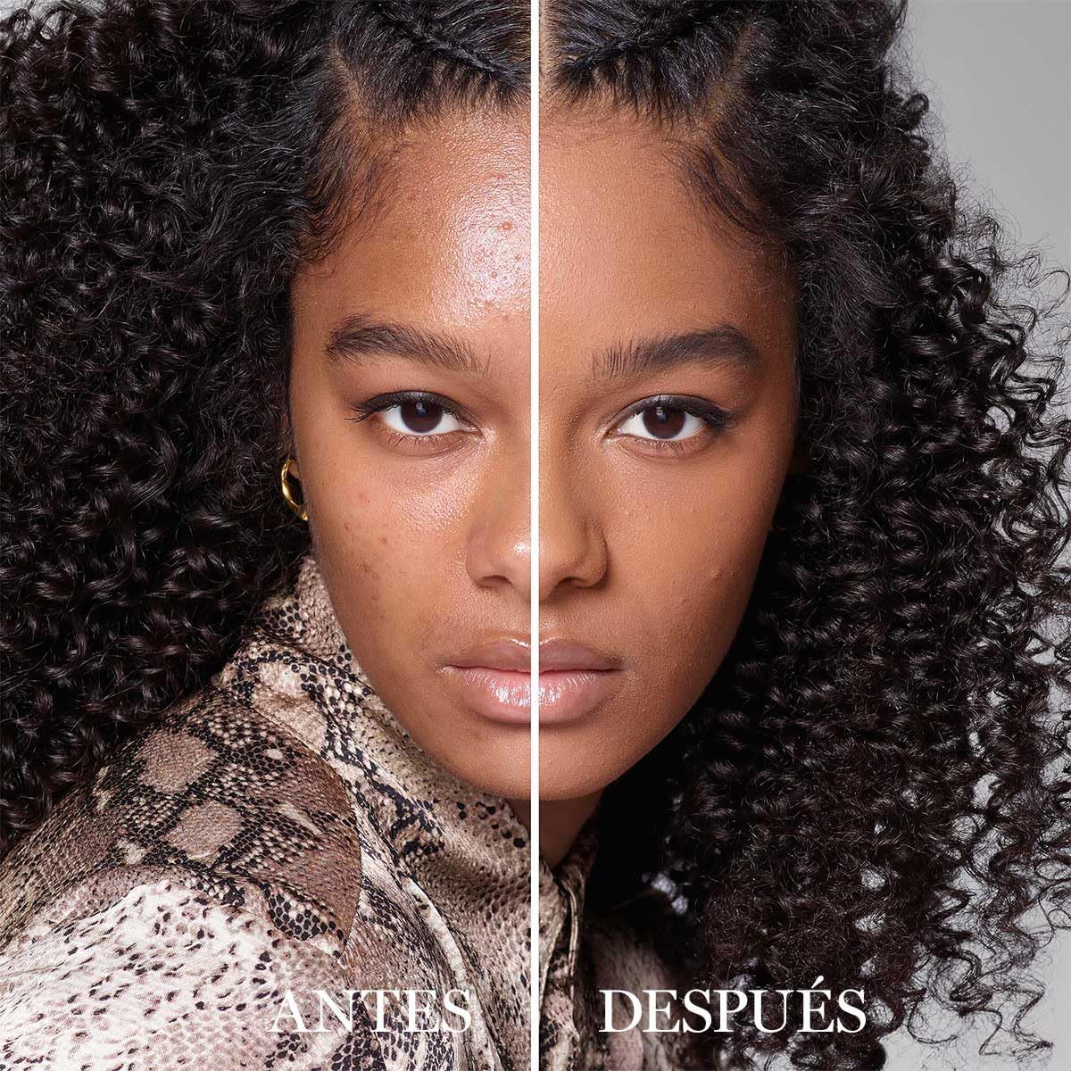 Gesicht, geteilt. Links: Haut vor Anwendung. Rechts: Haut nach Anwendung. Vergleich.