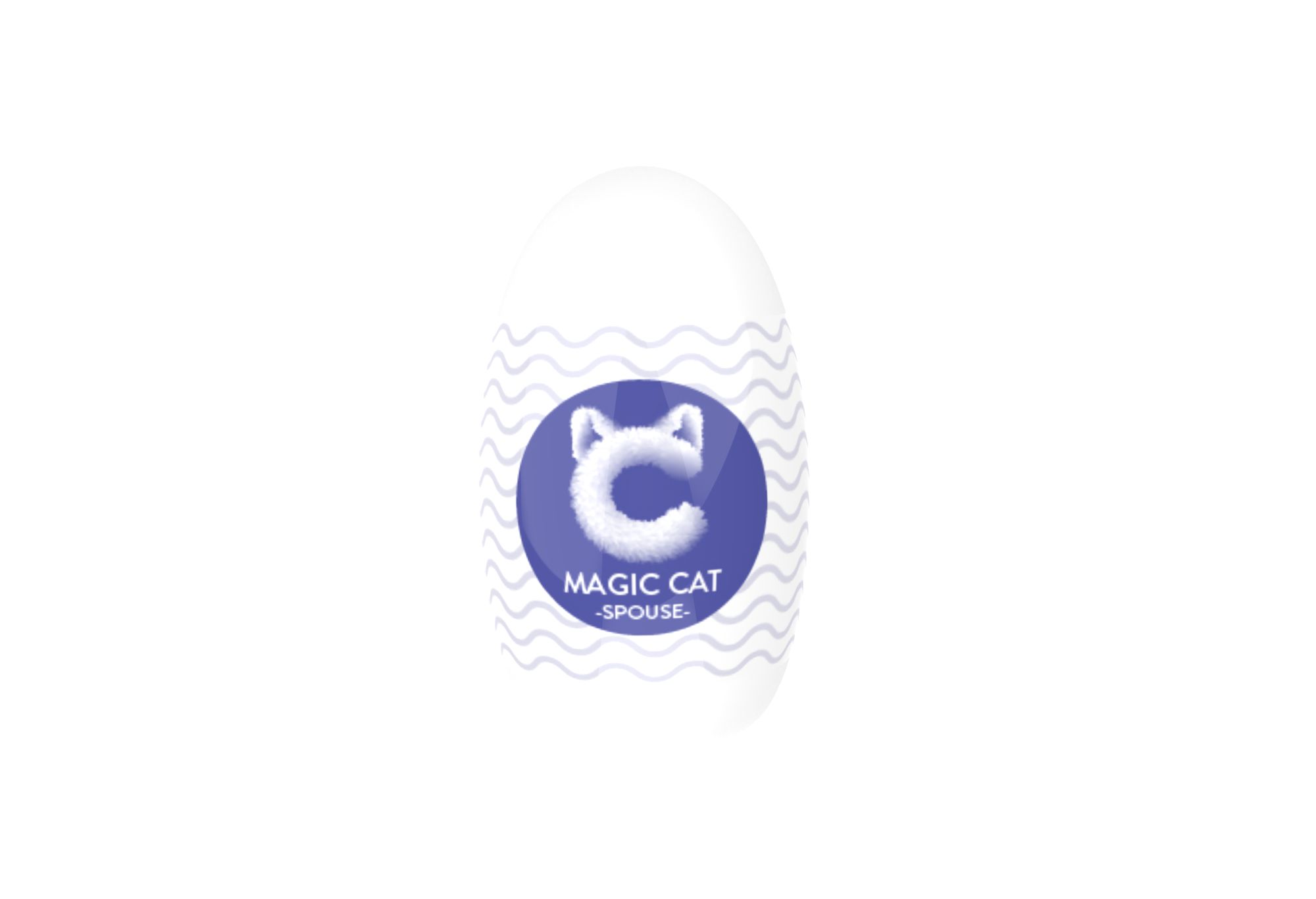 Weißes, ovales Produkt mit blauem Kreis. Auf dem Kreis ist ein Katzenkopf-Logo und der Text "MAGIC CAT -SPOUSE-" zu sehen.