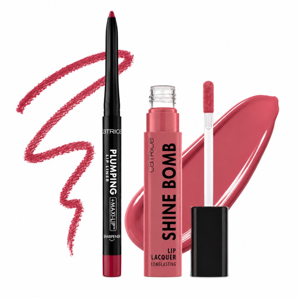 Ein roter Lipliner und ein rosafarbener Lipgloss mit Applikator, daneben ein Swatch.