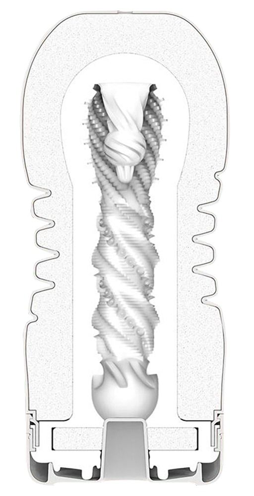 Schnitt durch ein weißes, zylindrisches Produkt mit spiralförmiger Innenstruktur. Außenhülle mit Noppen.