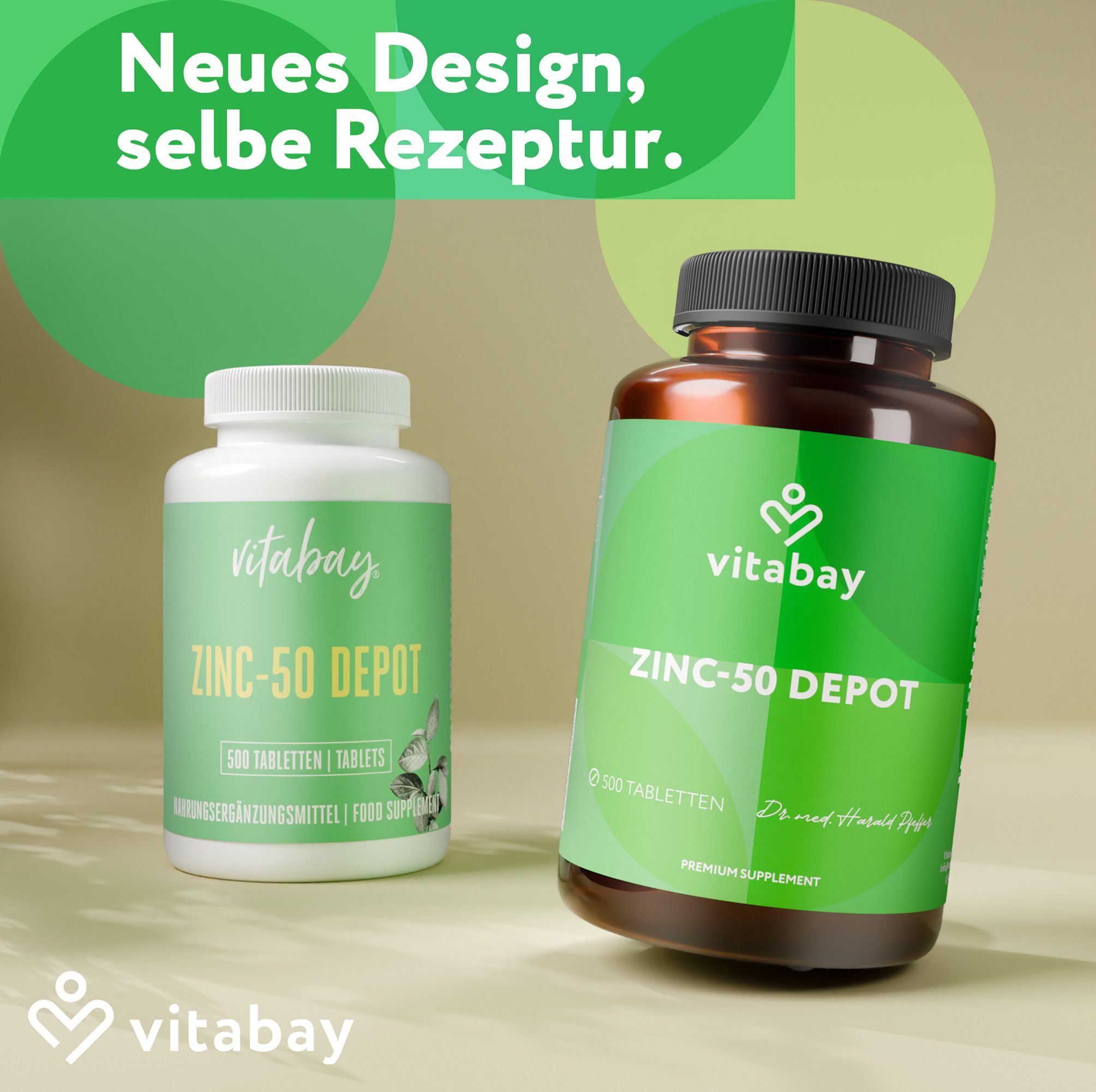 Zwei Flaschen "Vitabay Zinc-50 DEPOT". Eine weiße, eine braune. Text: "Neues Design, selbe Rezeptur".