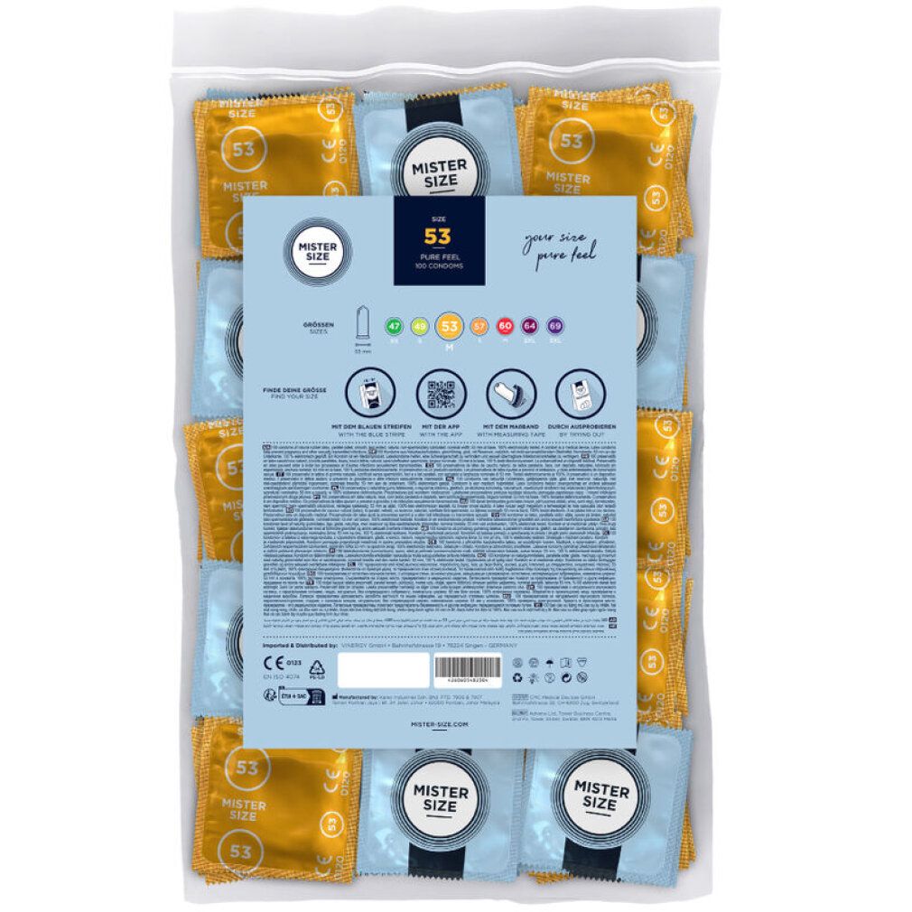 Verpackung mit Kondomen. Blaue und goldfarbene Einzelverpackungen. Aufdruck: Mister Size, 53. Rückseite mit Informationen.