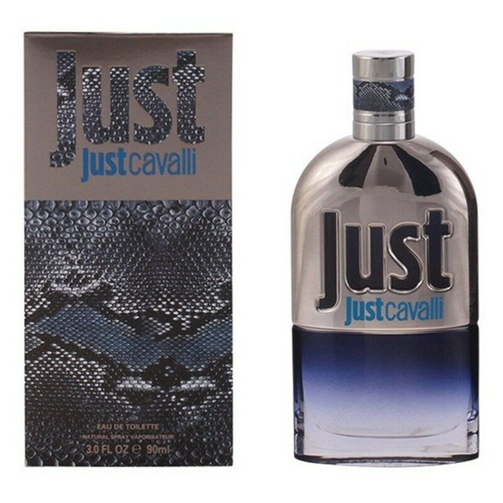 Parfümflakon und Verpackung. Aufschrift "Just Cavalli". Verpackung mit Schlangenmuster.