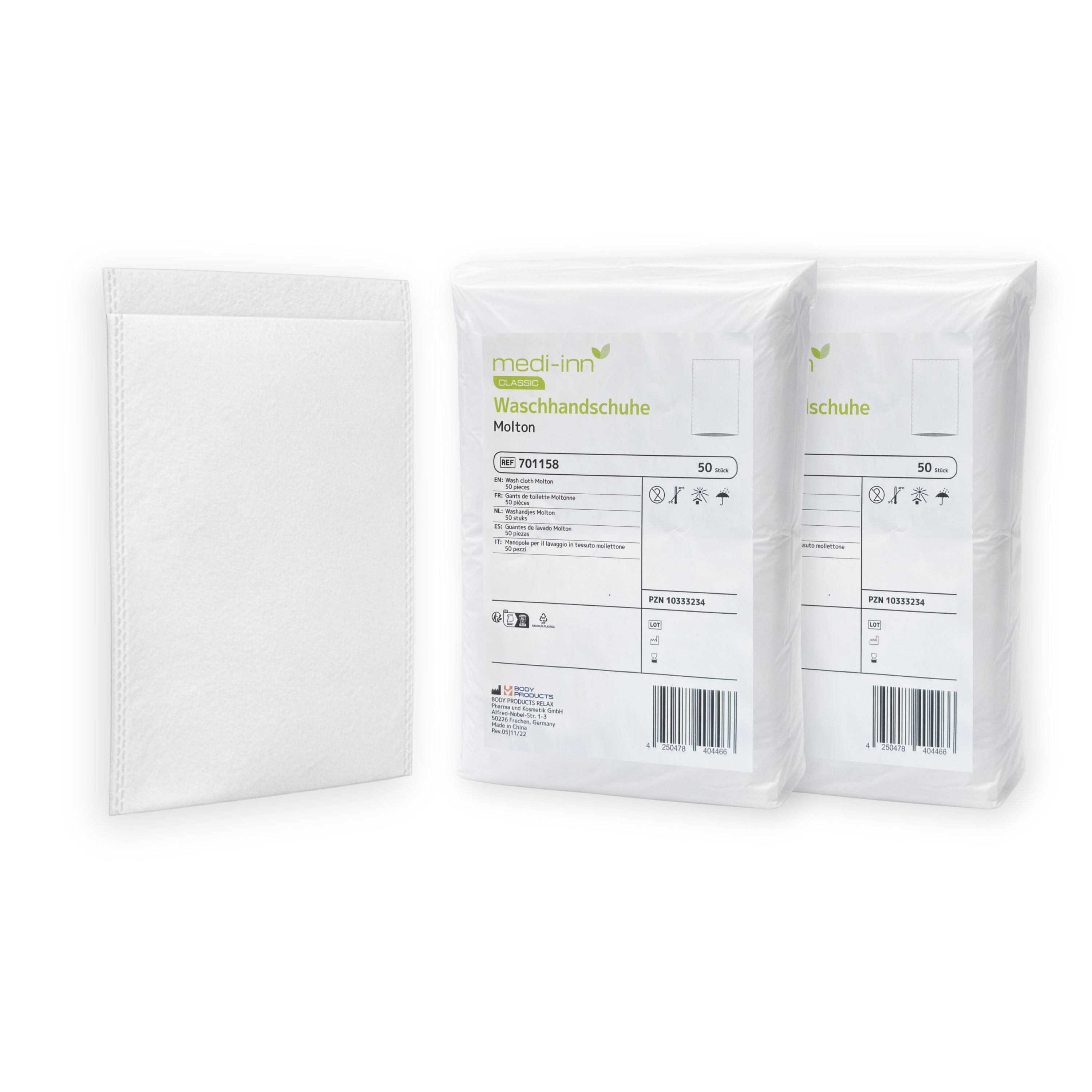 Zwei verpackte Waschhandschuhe. Verpackung mit Produktinformationen. Marke: medi-inn Waschhandschuhe Molton.