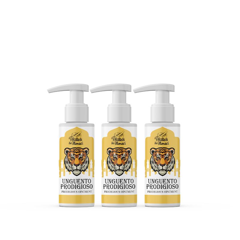 Drei Flaschen mit Pumpverschluss. Auf jeder Flasche steht "Unguento Prodigioso". Aufkleber mit Tigerkopf-Illustration.