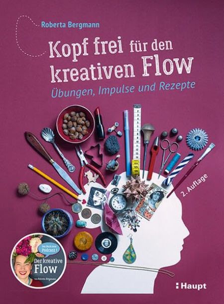 Buchcover mit Titel: Kopf frei für den kreativen Flow. Autorin: Roberta Bergmann. Auf lila Hintergrund, mit Illustrationen und Werkzeugen.