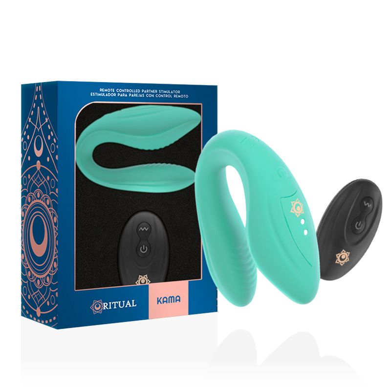 Türkisfarbener Vibrator mit Fernbedienung und Verpackung. Auf der Verpackung steht "RITUAL KAMA".