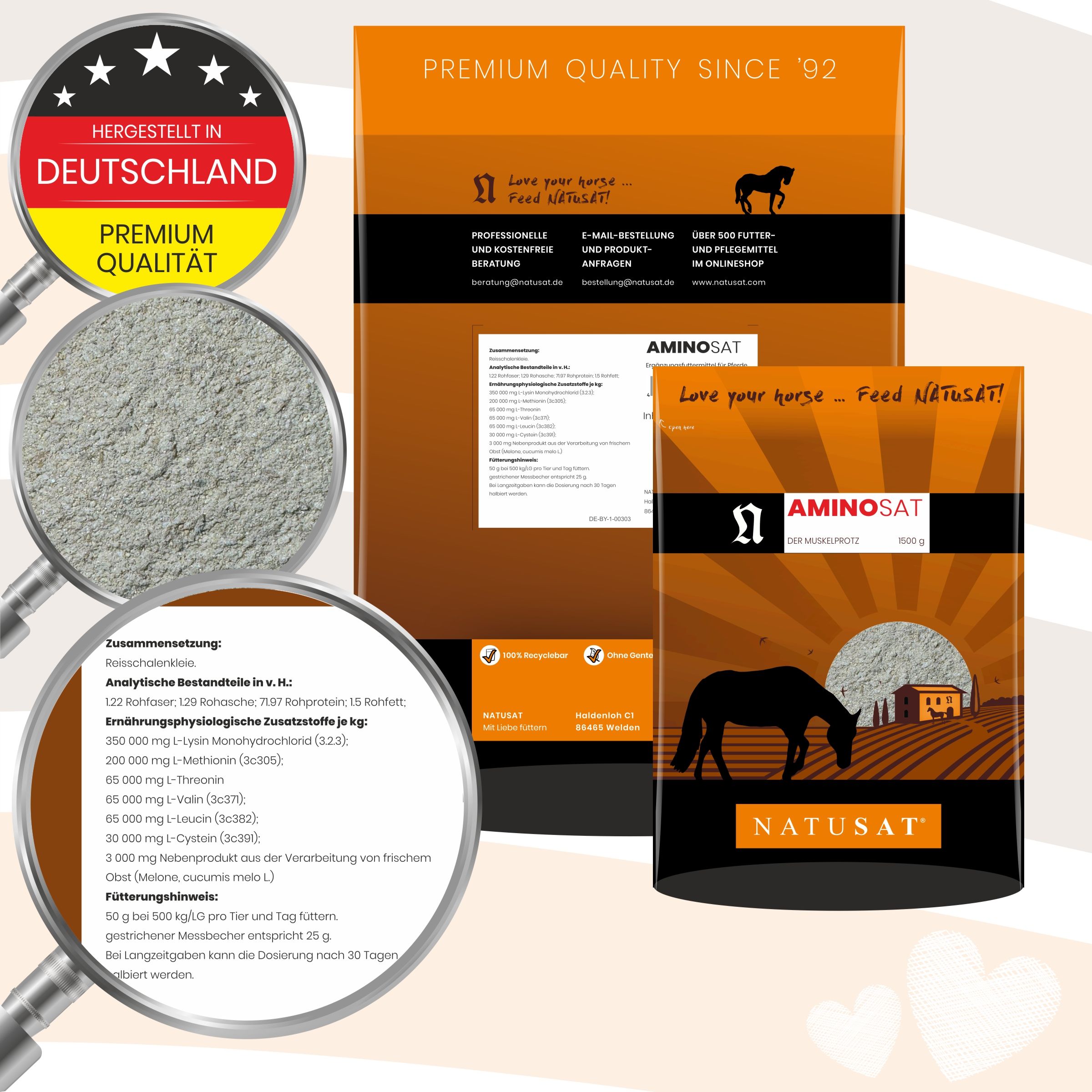 NATUSAT AMINOSAT Produktverpackung mit Vergrößerungen von Inhaltsstoffen und Siegeln.