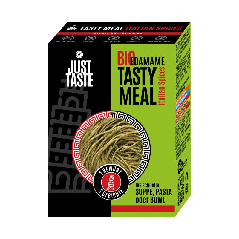 Verpackung von Just Taste Tasty Meal Bio-Edamame Italian Spices. Grün-schwarze Box mit Produktbild und Text.