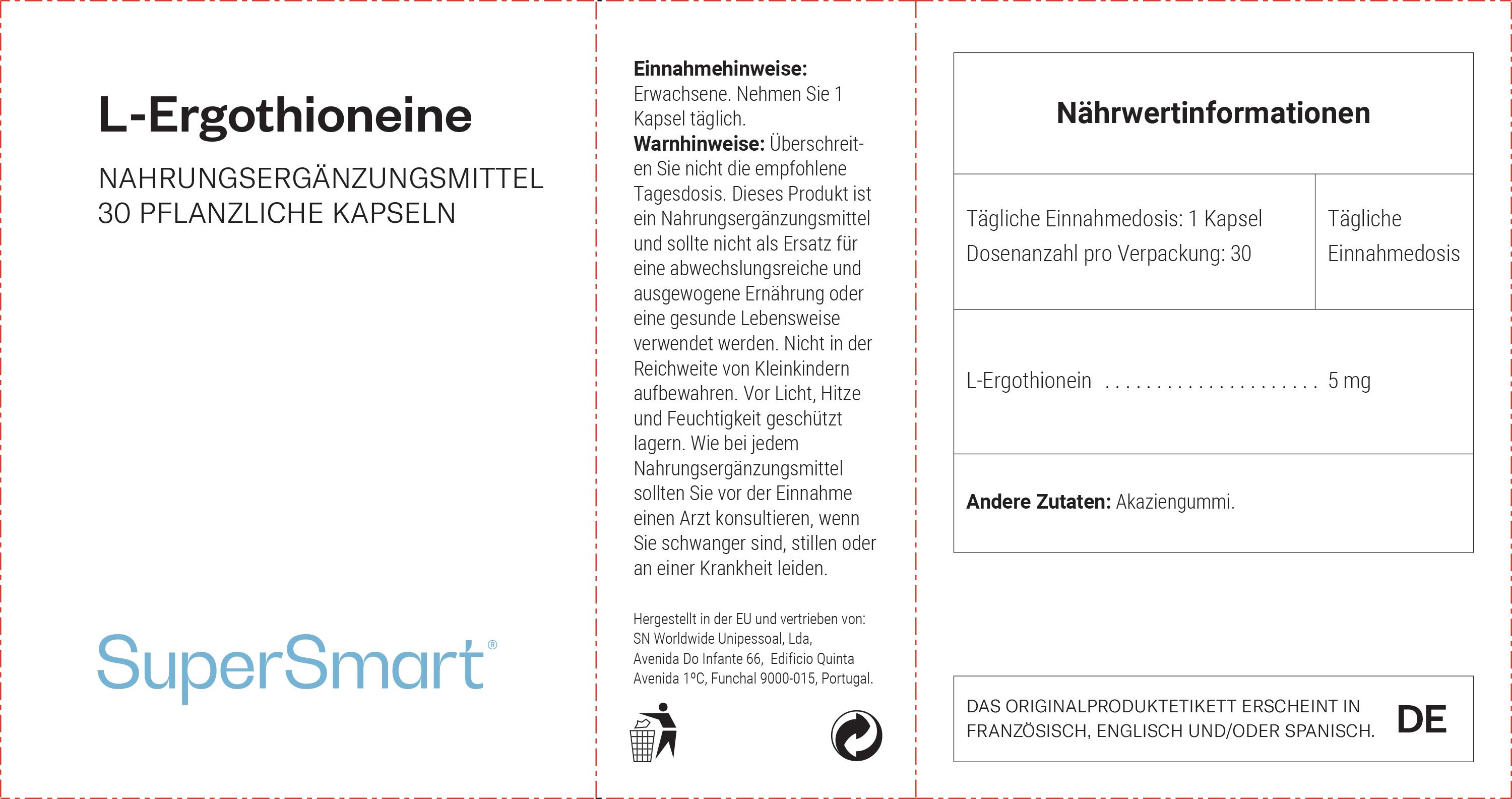 L-Ergothioneine-Nahrungsergänzungsmittel. 30 pflanzliche Kapseln. SuperSmart-Logo. Informationen zu Inhaltsstoffen und Dosierung.