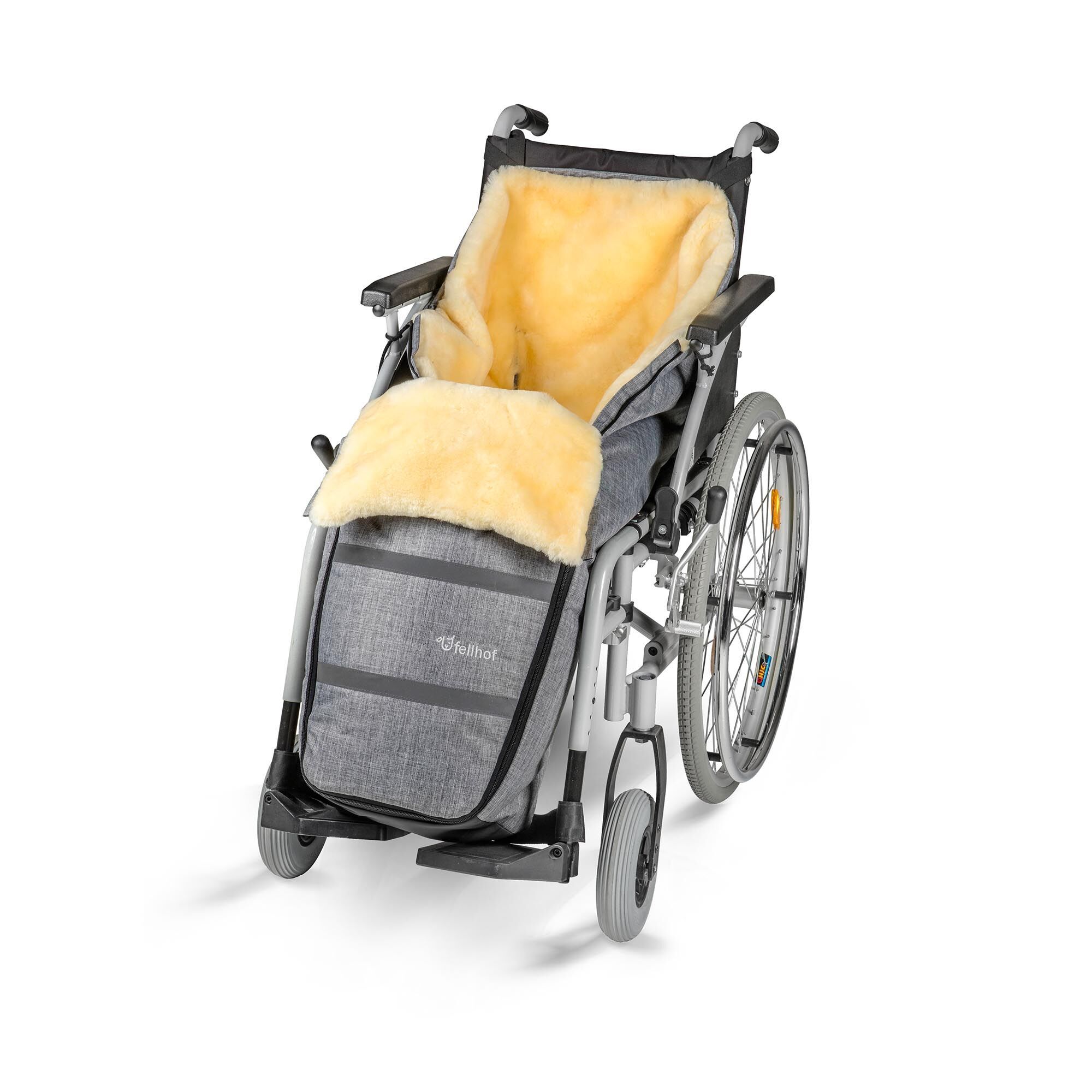 fellhof Rollstuhl Schlupfsack mit Lammfell black-melange für Kinder wind- u. wasserabweisend