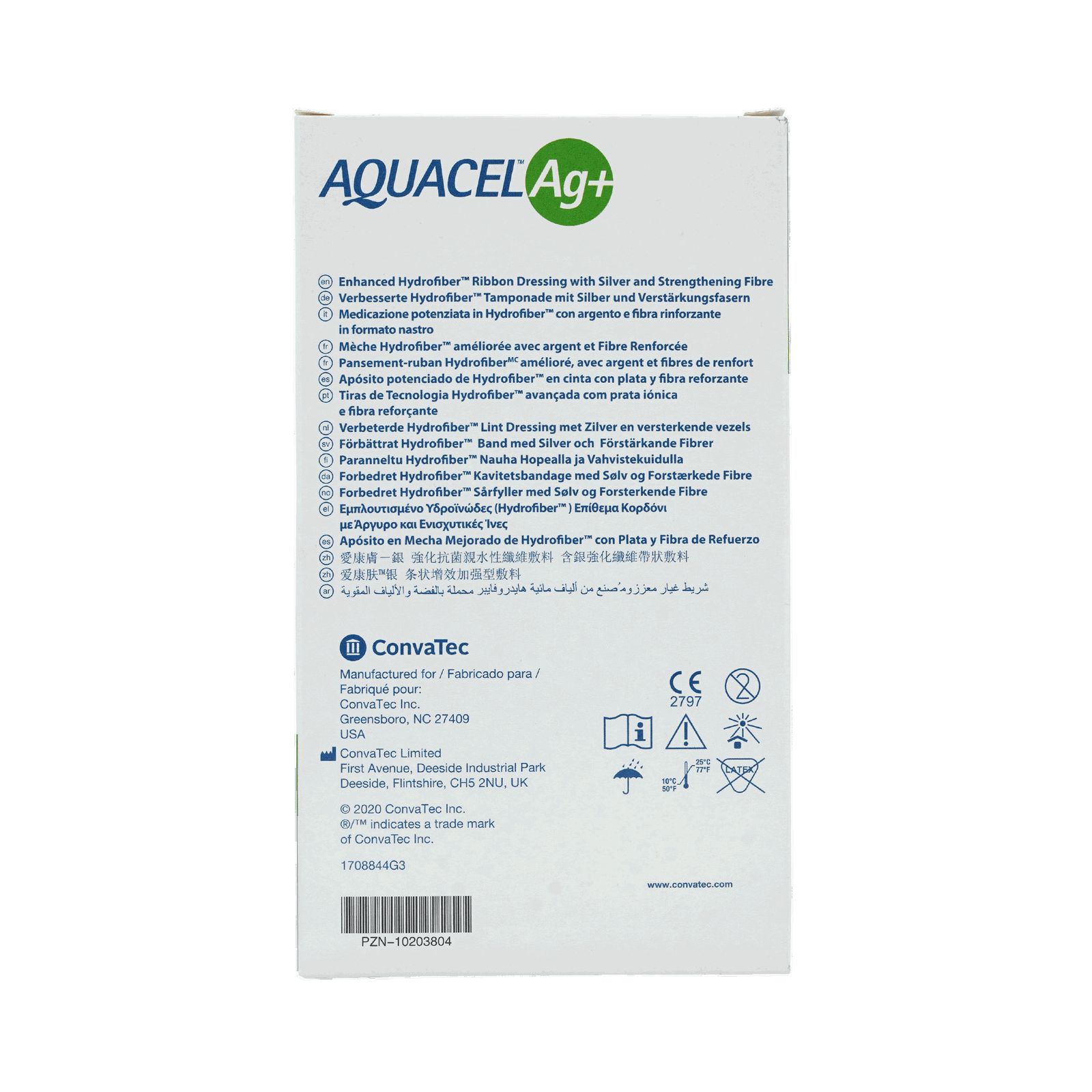 Rückseite der Verpackung von AQUACEL Ag+ Tamponaden. Enthält Text in mehreren Sprachen, Herstellerinformationen und CE-Kennzeichnung.