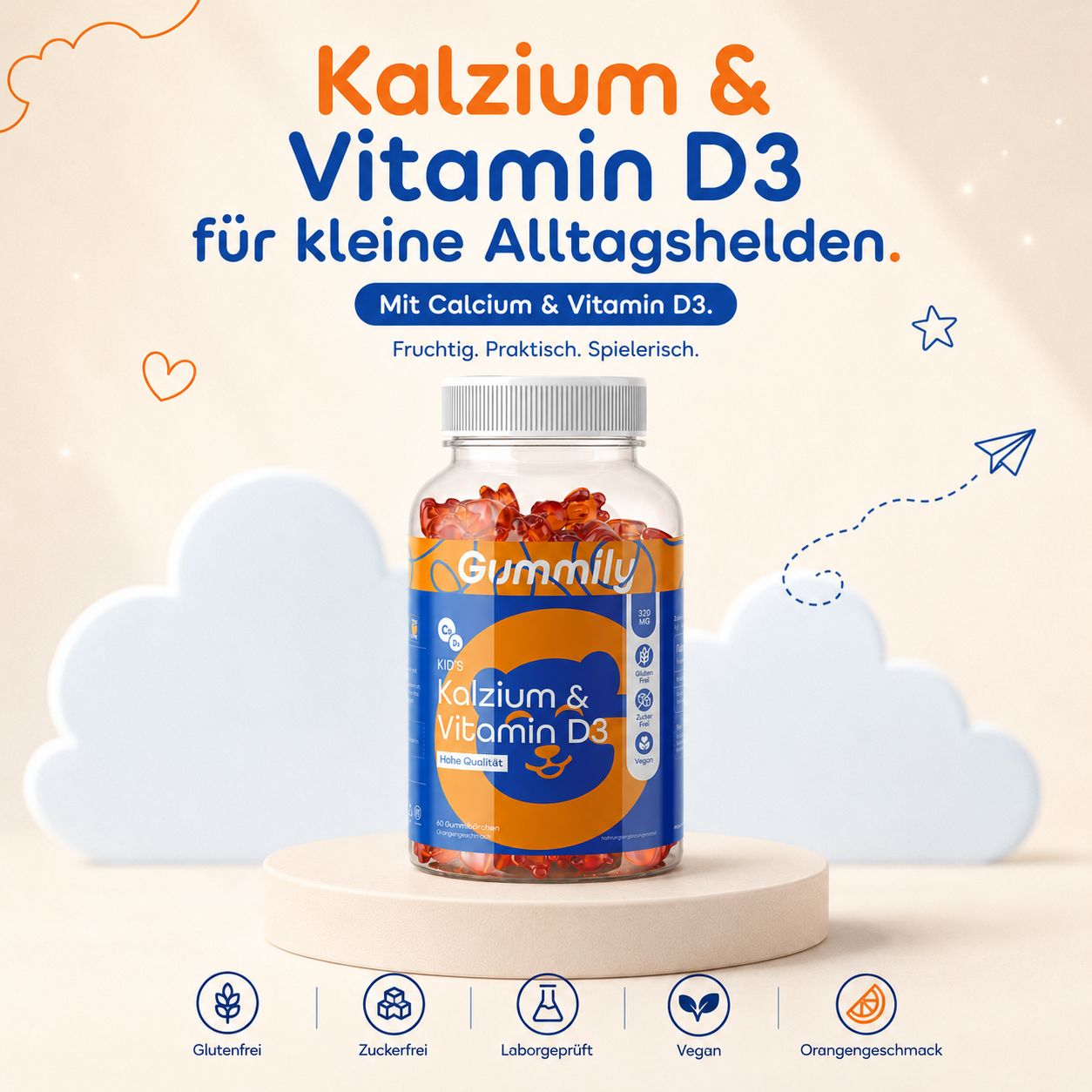 Gummily Kinder Kalzium & Vitamin D3 Flasche mit Orangen und Blättern.