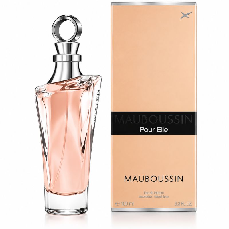 Parfümflasche MAUBOUSSIN Pour Elle in einer cremefarbenen Schachtel.