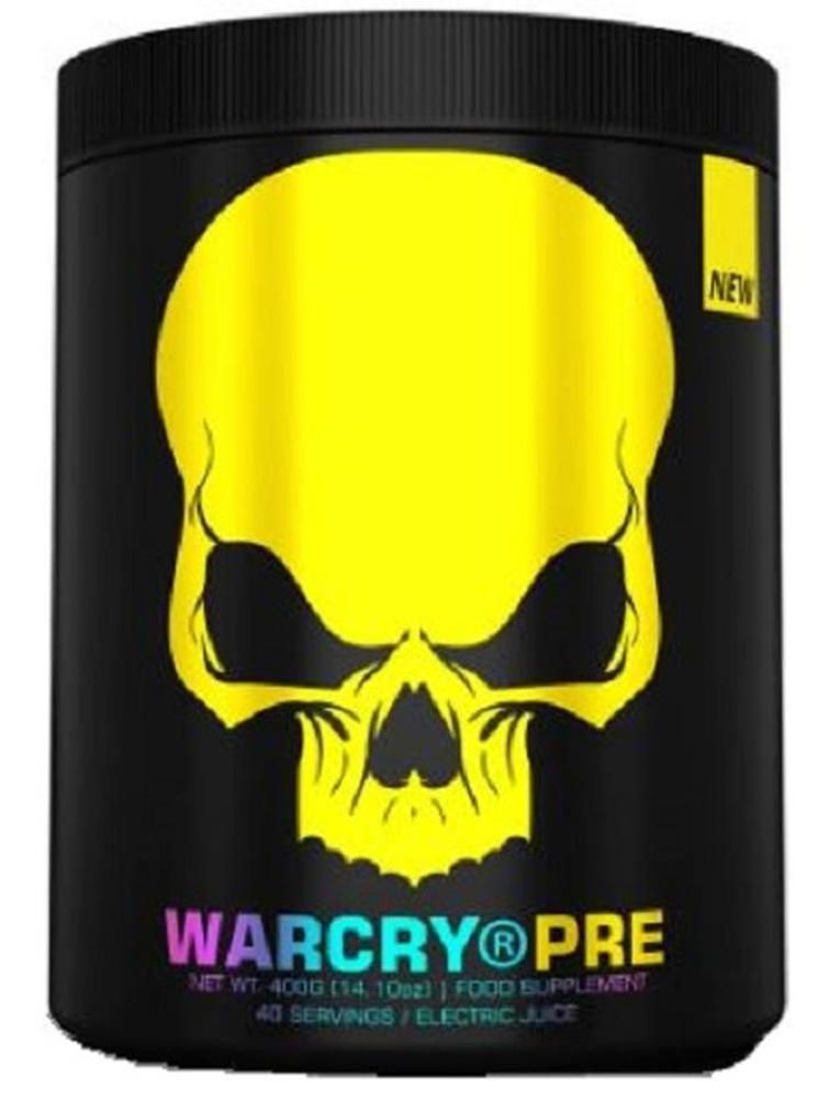 Schwarzer Behälter mit gelbem Totenkopf-Design. Aufschrift: WARCRY PRE. Enthält 40 Portionen. "NEW" Aufkleber.