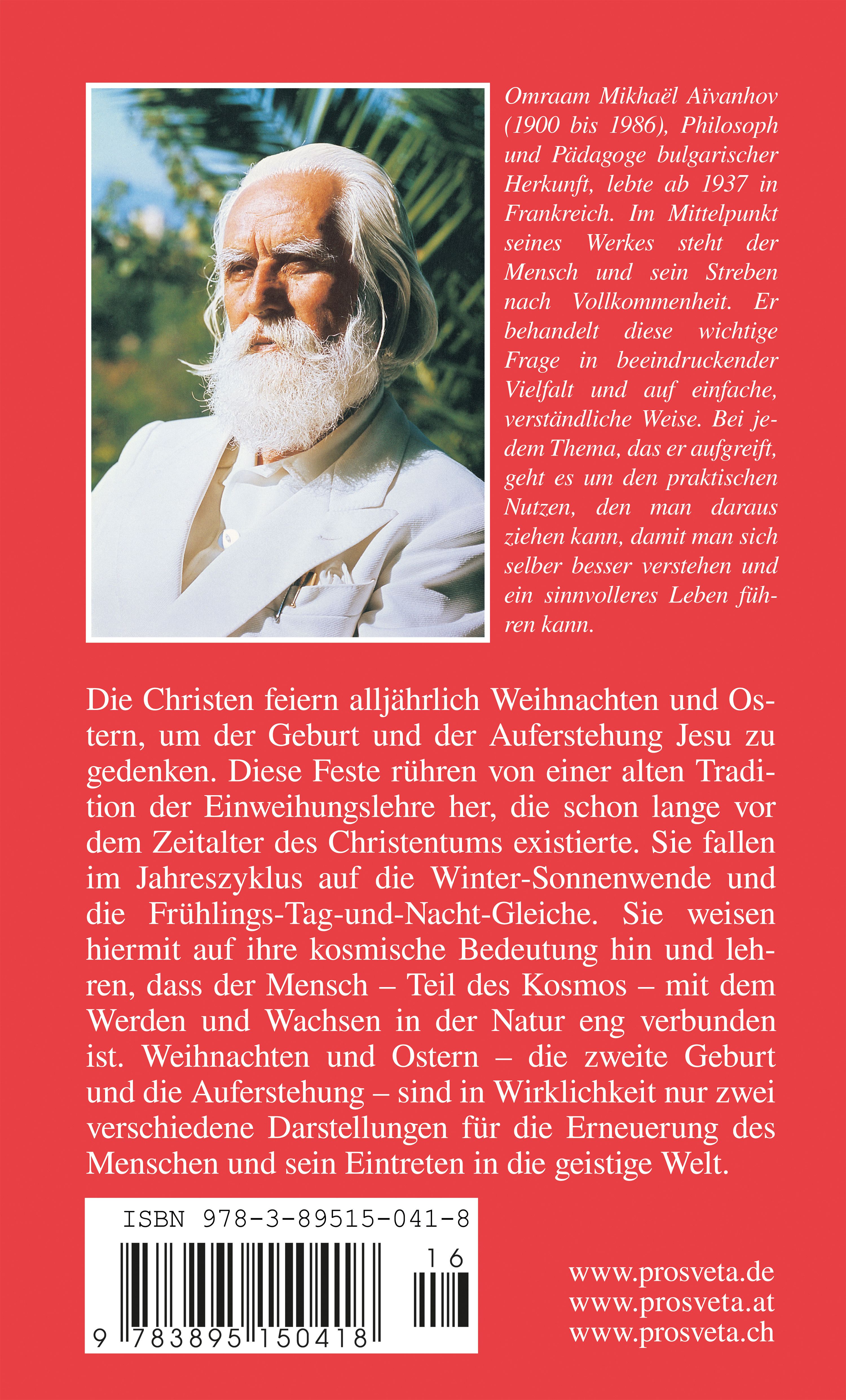 Buchrückseite mit Text. Porträt eines Mannes mit Bart. Titel: Weihnachten und Ostern in der Einweihungslehre. ISBN-Code.