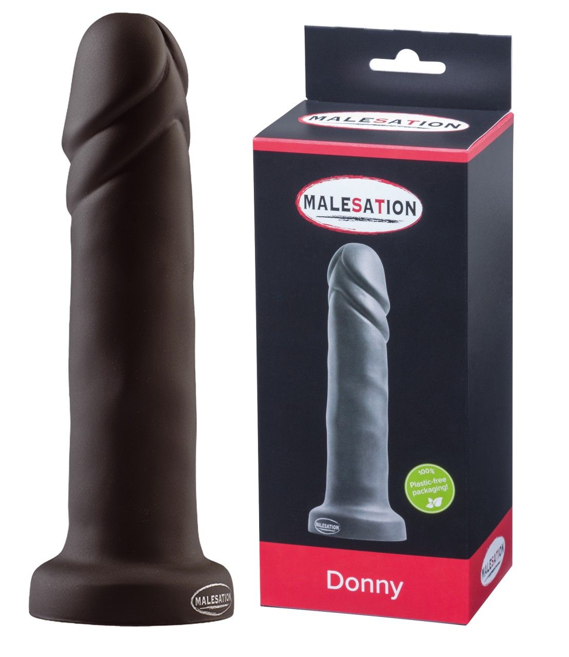 Dunkelbrauner Dildo neben Verpackung. MALESATION Donny. Produkt in Verpackung. Sichtbare Produktmerkmale.