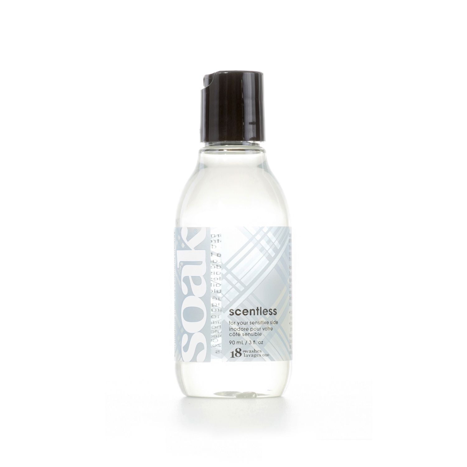 Klare Flasche mit schwarzem Deckel. Etikett mit Schriftzug "soak" und "scentless".