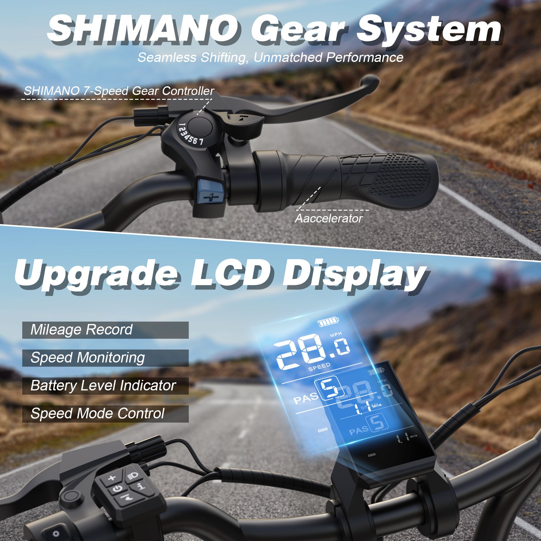 Nahaufnahme des Lenkers eines E-Bikes. Shimano-Gangschaltung, LCD-Display mit Geschwindigkeitsanzeige und Batteriestand.