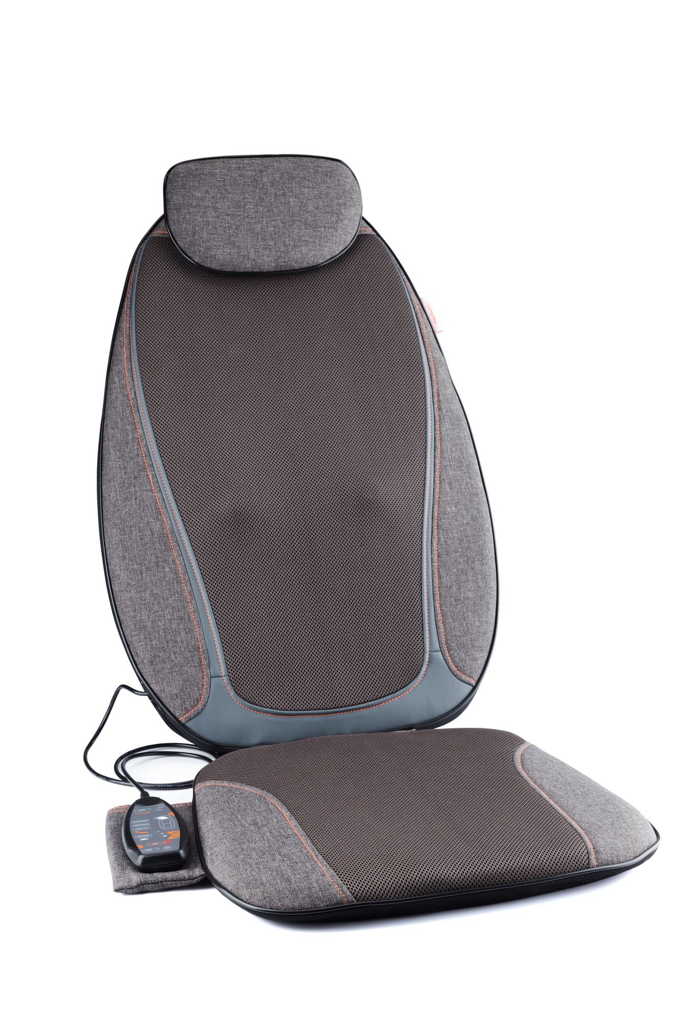 Grau-schwarze Shiatsu-Massagematte mit Kopfstütze und Sitzfläche. Bedienfeld und Kabel. Mesh-Gewebe und graue Stoffe.