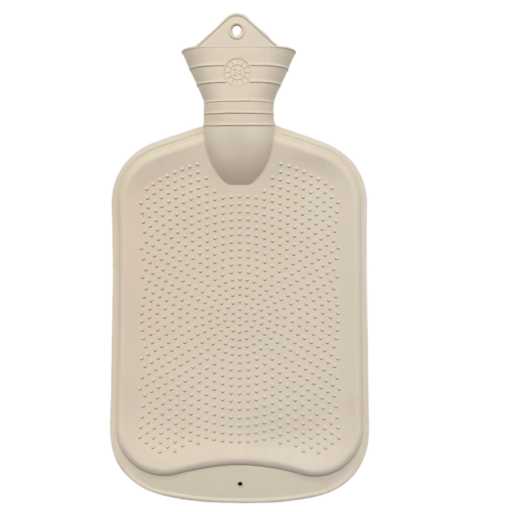 Beige Wärmflasche aus Gummi mit gerippter Oberfläche und Aufhängeöse.