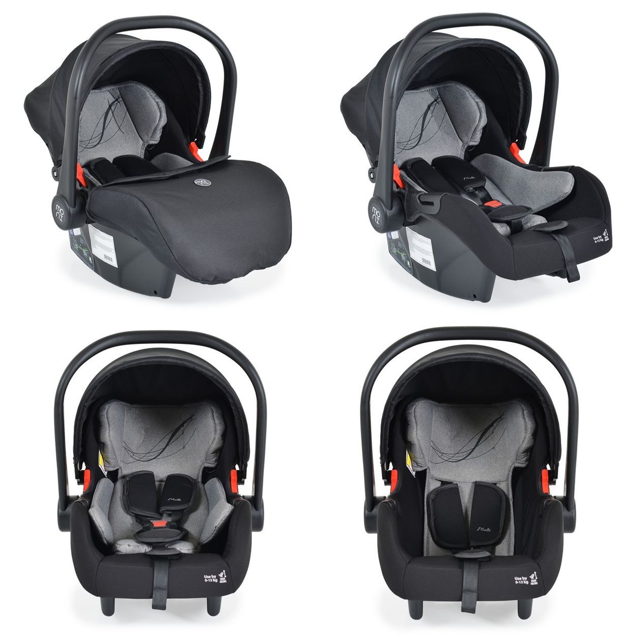 Schwarze Babyschale mit verstellbarem Verdeck und 5-Punkt-Gurt.